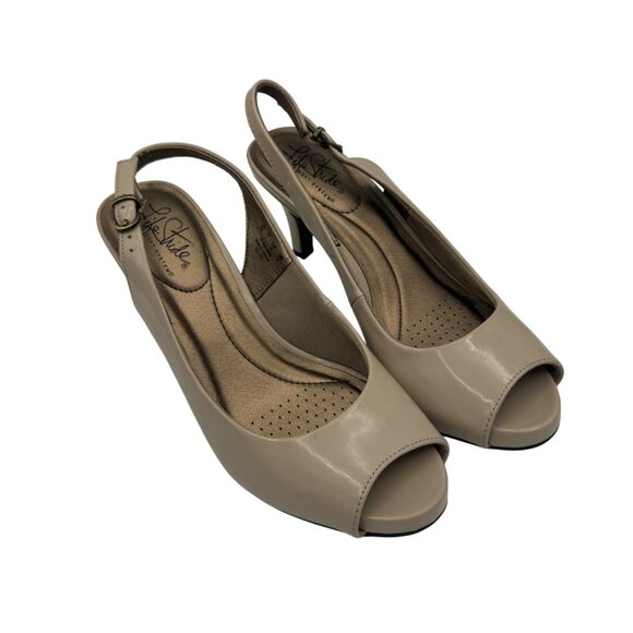 Taupe Teller  Slingback Heels By LifeStride Size 7 Womens Patent Leather Look - Picture 2 of 8